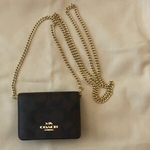Coach Dark Brown Signature Mini Crossbody with Gold Chain
